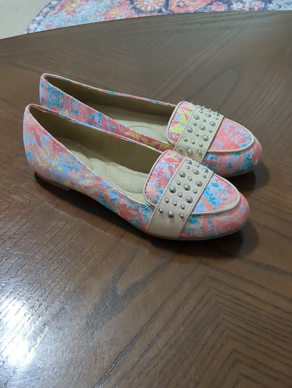 Floral Pastel Studded Loafers in Pink/Blue - Women
